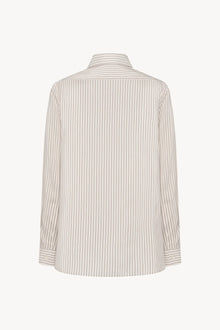 Back view of Long sleeve silk shirt in white with grey, no model shown.