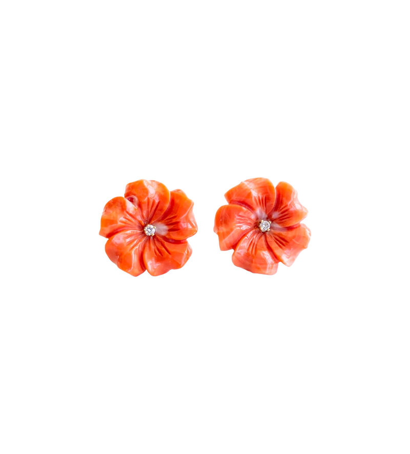 22K Yellow Gold Carved Coral Flowers with Diamond Center