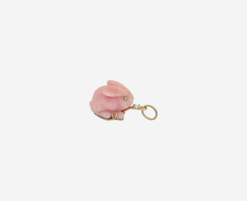 One of a Kind 18K Rose and White Gold Pendant Set with Carved Pink Opal and a Full Cut Diamond