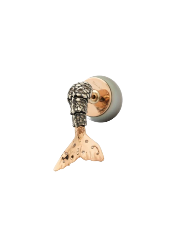 18K Rose Gold Single Mermaid Earring with Deep Blue Pearl and Brown Diamonds