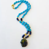 24" Turquoise Pebble Necklace with Labradorite Diamond Cloud Pendant and Lapis and Gold Beads