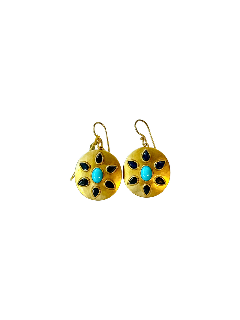 22K Yellow Sheet Gold Disc Earrings with Faceted Sapphire and Turquoise