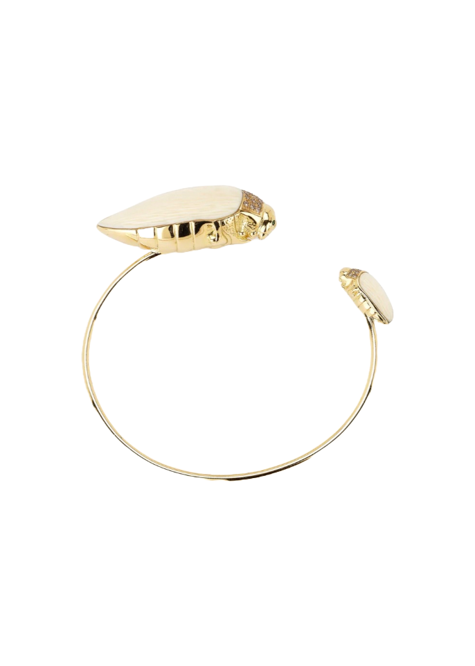 18K Yellow Gold Scarab and Mammoth Bangle Set with Mammoth Tusk and Brown Diamonds