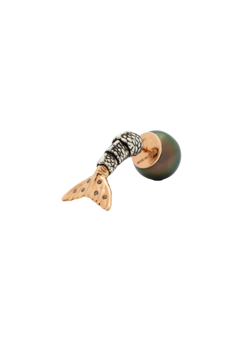 18K Rose Gold Single Mini Mermaid Earring with Deep Blue Pearl and Brown Diamonds