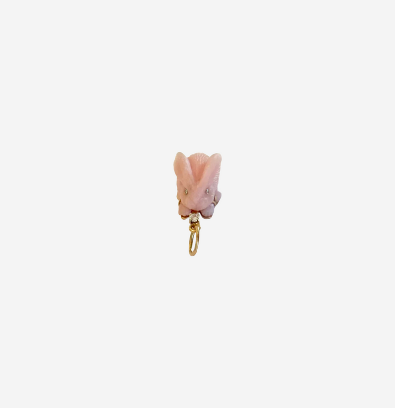 One of a Kind 18K Rose and White Gold Pendant Set with Carved Pink Opal and a Full Cut Diamond