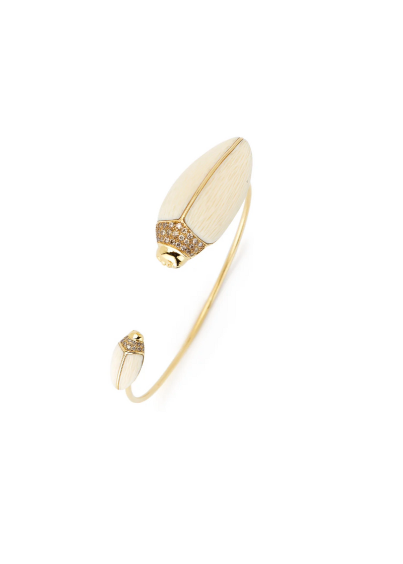 18K Yellow Gold Scarab and Mammoth Bangle Set with Mammoth Tusk and Brown Diamonds