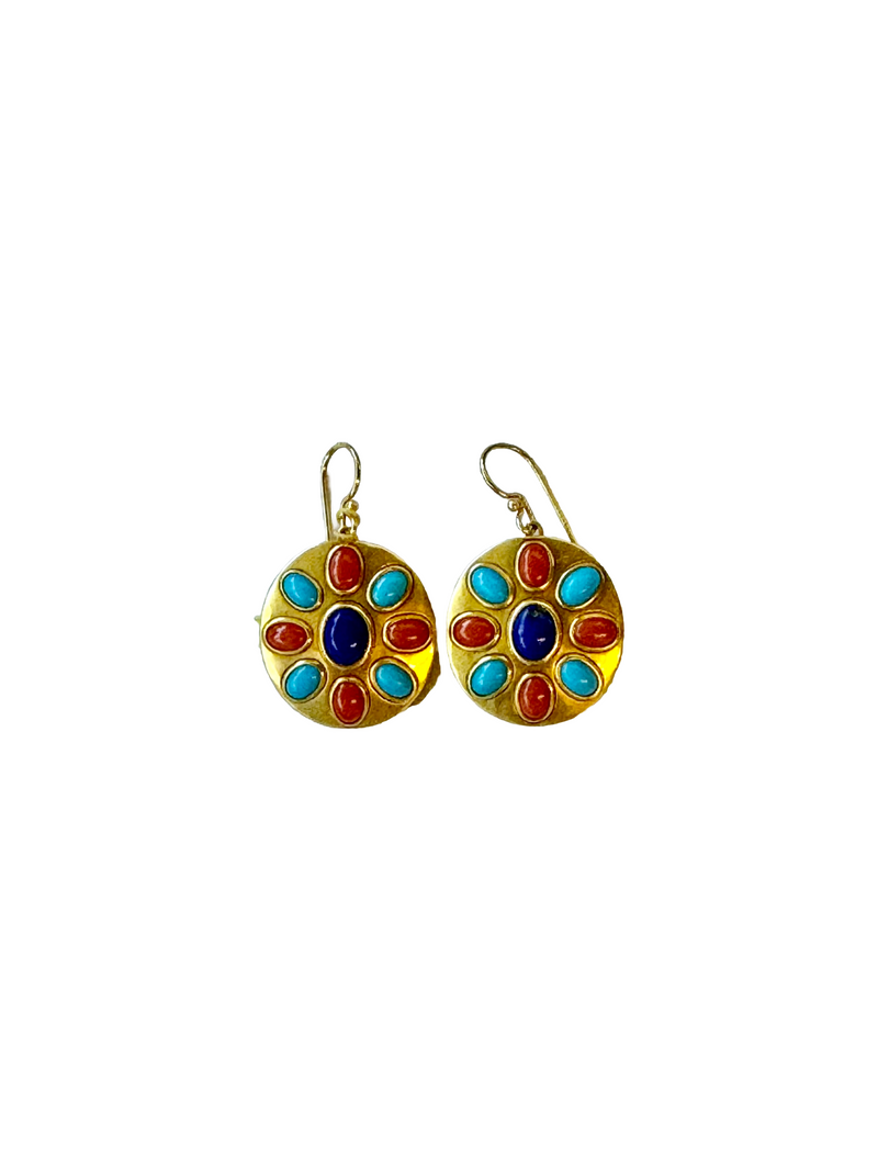 22K Yellow Sheet Gold Disc Earrings with Lapis, Coral, and Turquoise