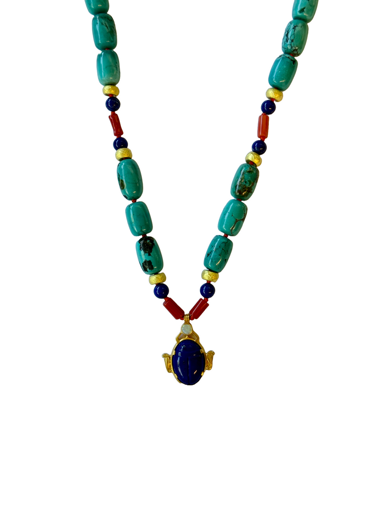 19" Turquoise Matrix Tube Necklace with Lapis Scarab Pendant, Coral, Lapis, and Yellow Gold Beads