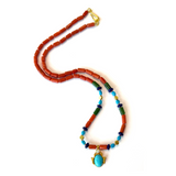 27" Coral Necklace with Lapis, Jade, Turquoise, and 22K Yellow Gold with Turquoise Scarab Pendant