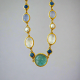 22K Yellow Gold Linked Necklace With Rainbow Moonstone, Sapphire, Chalcedony, and Pearls
