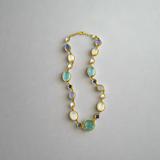 22K Yellow Gold Linked Necklace With Rainbow Moonstone, Sapphire, Chalcedony, and Pearls