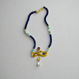 Lapis Necklace with Gold Snake Pendant with Doublets, Pearls, and Diamonds