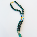 18" Malachite Necklace with Boulder Opal Pendant and Turquoise, Lapis, and Yellow Gold Coin Nuggets