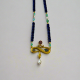 Lapis Necklace with Gold Snake Pendant with Doublets, Pearls, and Diamonds