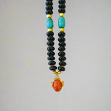 18" Black Opal Necklace with Turquoise, Yellow Gold and 22K Yellow Gold Cobra and Coral Scarab