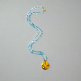 24" Aqua Cabochon Necklace with 22K Yellow Gold Disc Pendant with Moonstone Moonface, Opal, and Aqua