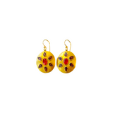 22K Yellow Sheet Gold Disc Earrings with Rhodelite Garnet and Fire Opal Center