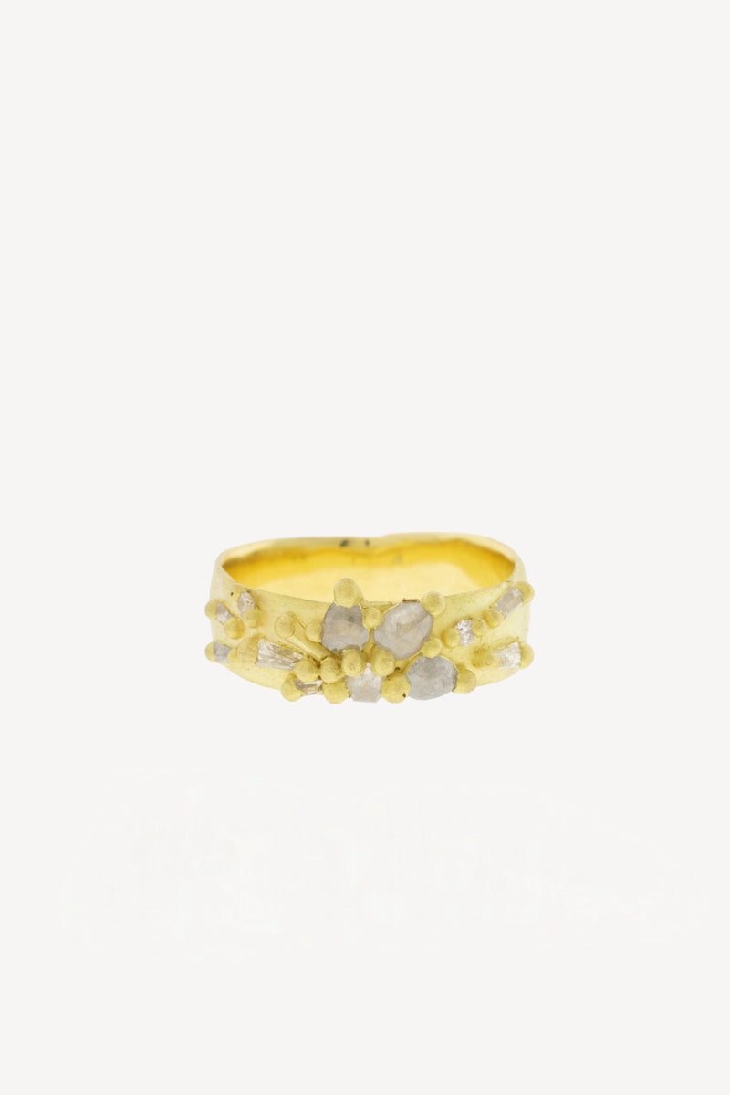 18K YG Diamond Lotus Ring w/ White and Grey Diamonds