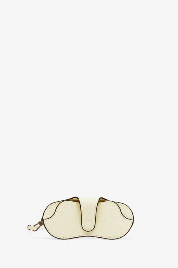 Back view of white valextra glasses case with lanyard on white background, with no model shown.