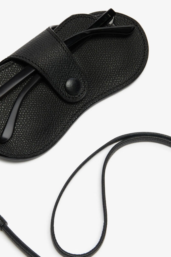 Back alternate view of black glasses case with lanyard on white background, with no model shown.