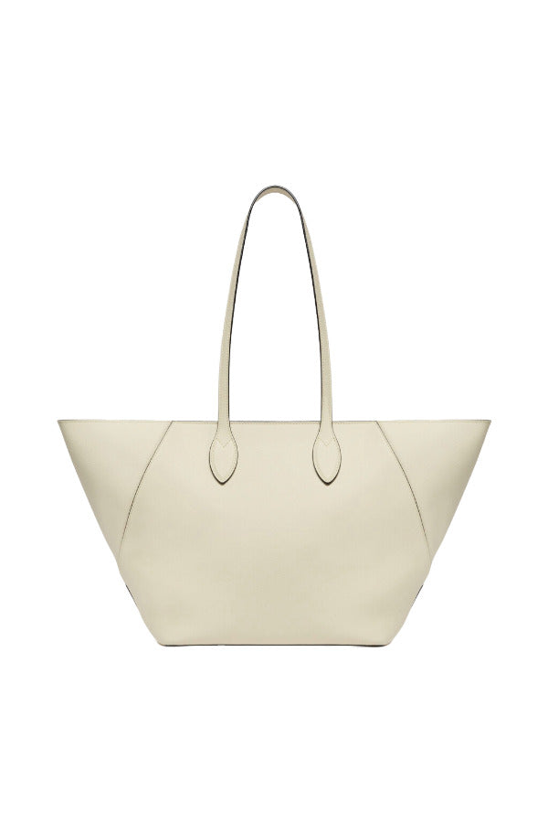 Front open side view of white valextra's small vivi shopping bag on white background, with no model shown.