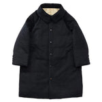 Front view of black bonnet drivers down coat on white background, with no model shown.