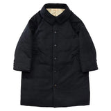 Front view of black bonnet drivers down coat on white background, with no model shown.