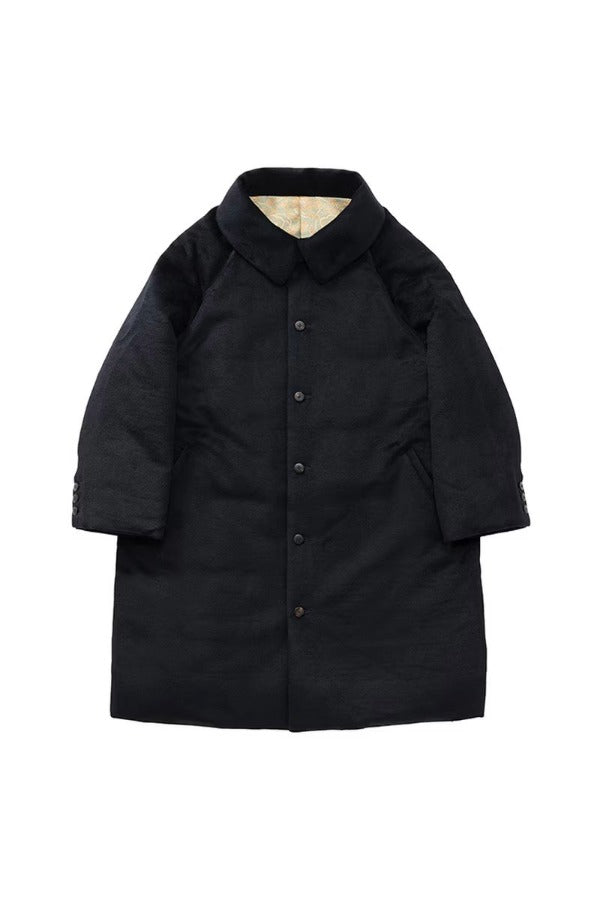 Front view of black bonnet drivers down coat on white background, with no model shown.