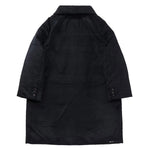 Back view of black bonnet drivers down coat on white background, with no model shown.