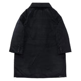 Back view of black bonnet drivers down coat on white background, with no model shown.