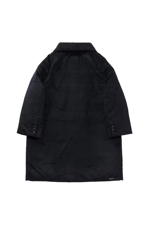 Back view of black bonnet drivers down coat on white background, with no model shown.