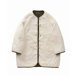 Front view of off white liner mil coat on white background, with no model shown.