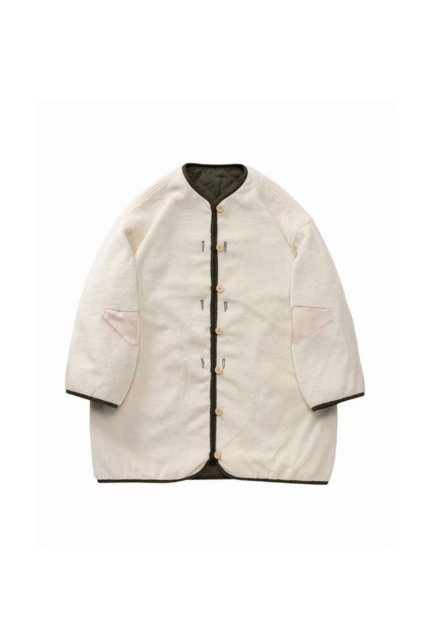 Front view of off white liner mil coat on white background, with no model shown.