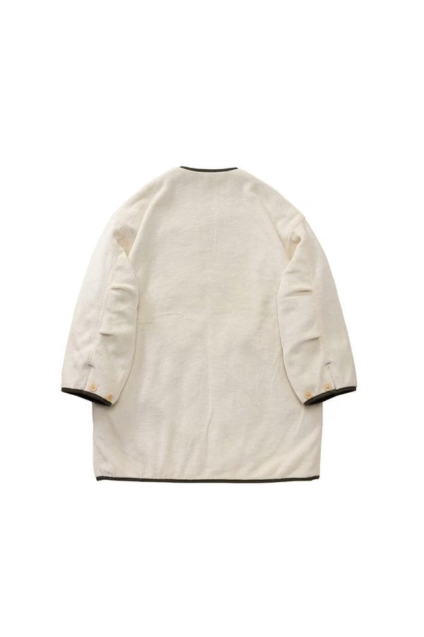 Back view of off white liner mil coat on white background, with no model shown.