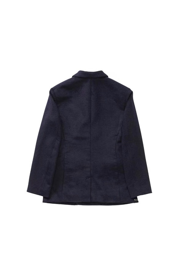 Back view of black sabrina db jacket on whits background, with no model shown.