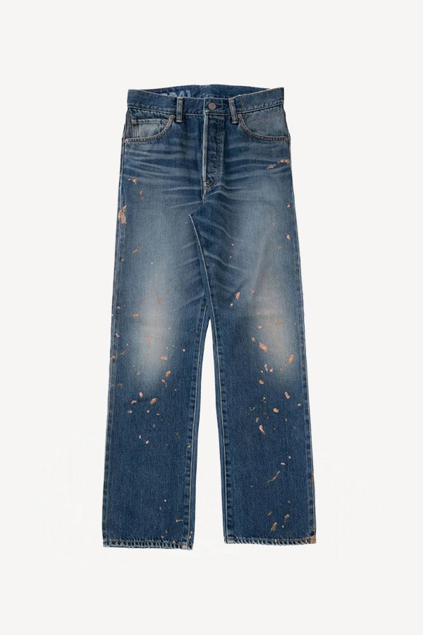 Front view of damaged social sculpture w18 jean on white background, with no model shown.