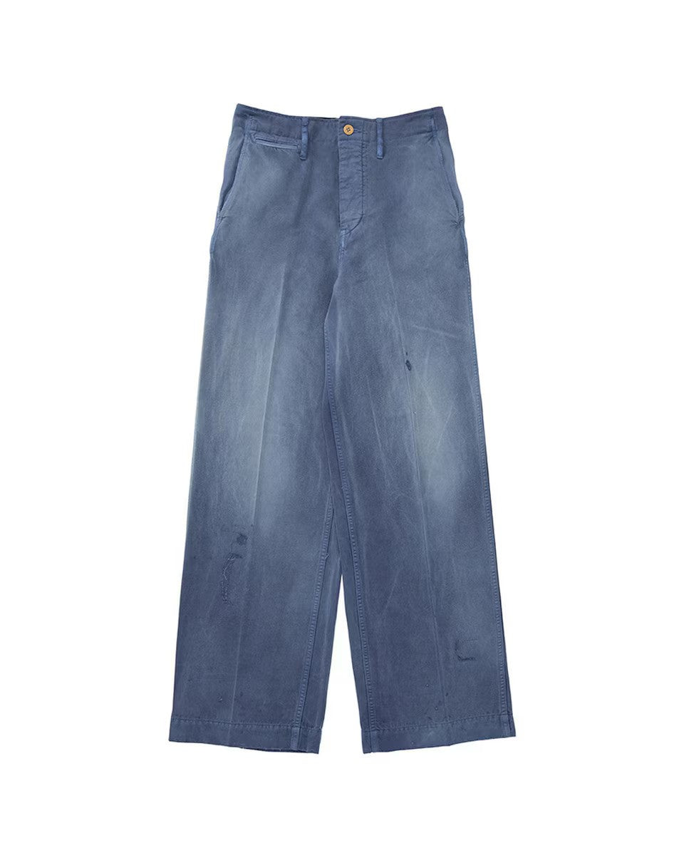 Front view of blue wide pants on white background, with no model shown.