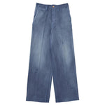 Front view of blue wide pants on white background, with no model shown.