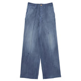 Front view of blue wide pants on white background, with no model shown.