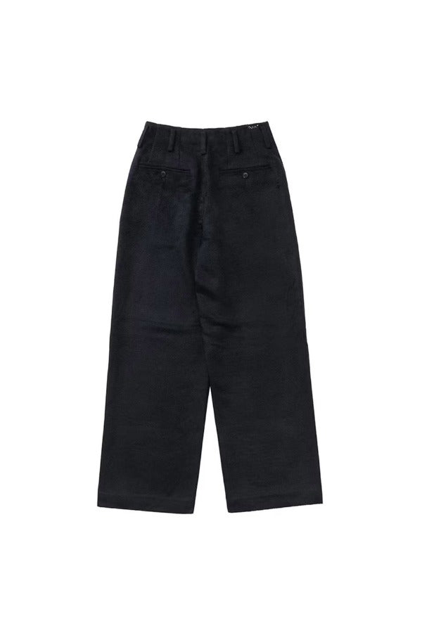 Back view of black wide silk pants on white background, with no model shown.