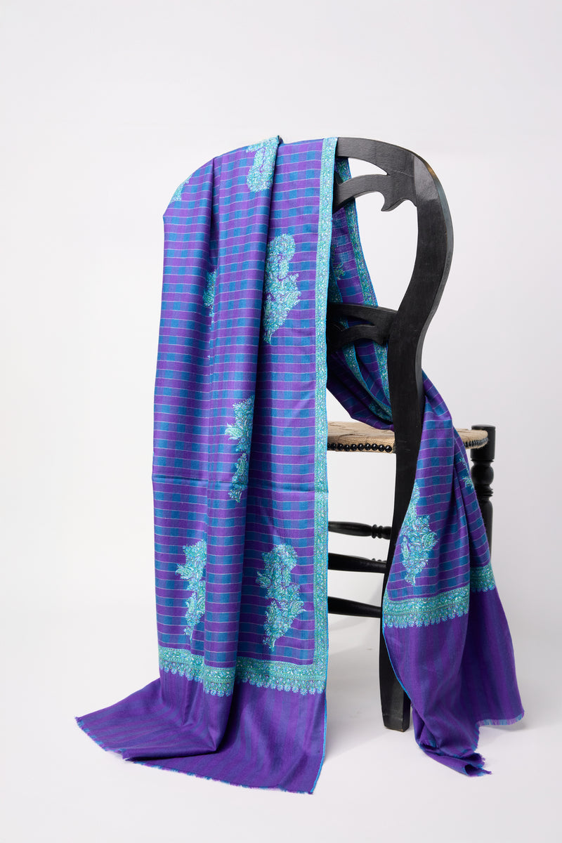 Embroidered Shawl - Blue/Purple Stripes