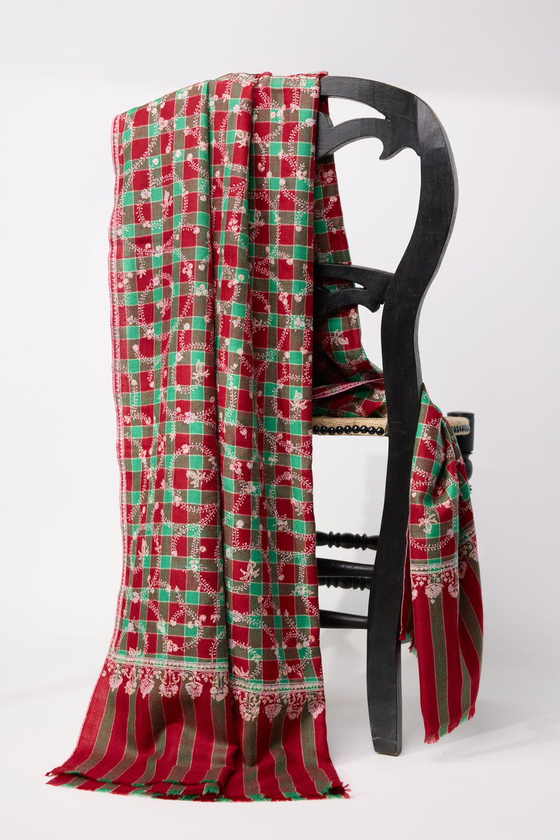Embroidered Shawl - Red/Green Spirals