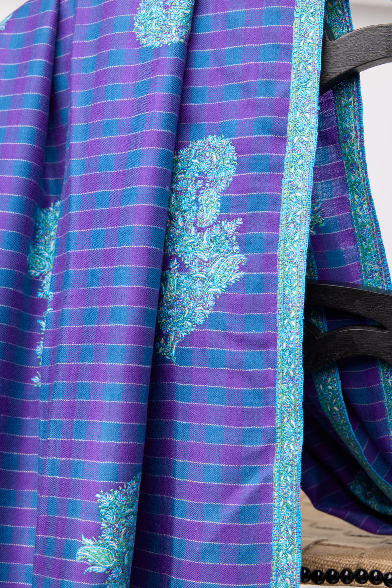 Embroidered Shawl - Blue/Purple Stripes