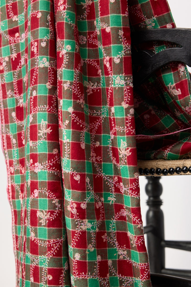 Embroidered Shawl - Red/Green Spirals