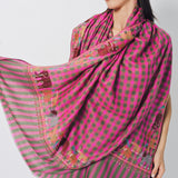 Yaser Shaw Embroidered Shawl - Pink/Green Checkered Elephants