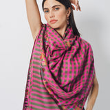 Yaser Shaw Embroidered Shawl - Pink/Green Checkered Elephants