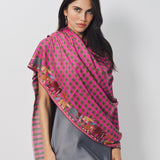 Yaser Shaw Embroidered Shawl - Pink/Green Checkered Elephants