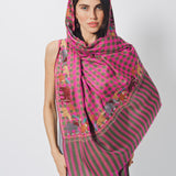 Yaser Shaw Embroidered Shawl - Pink/Green Checkered Elephants
