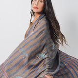 Yaser Shaw Embroidered Shawl - Blue/Brown Striped Elephants/Leopards