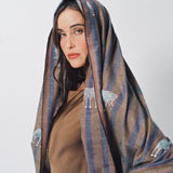 Yaser Shaw Embroidered Shawl - Blue/Brown Striped Elephants/Leopards